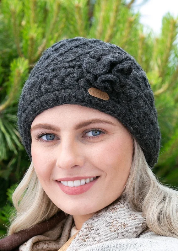 Beanies for the stylish individual-Aran Trellis Flower Hat | Charcoal