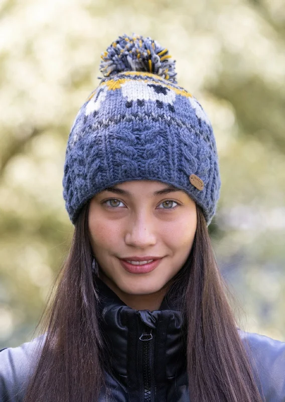 Headbands for long runs-Aran Sheep Bobble Hat Yellow and Blue