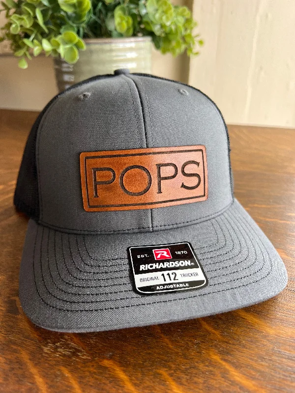 Beanies with knitted fabric designs-Pops Christmas Hat for Dad. Richardson 112 leather patch trucker hat for Dad. Gift for Pop. Christmas Gift for dad. Dad Hat gift.