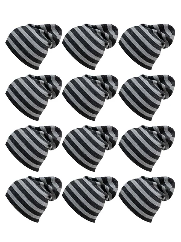 Beanies for adventure lovers-12-Pack Gray Stripe Mega Slouch Knit Beanie Hats