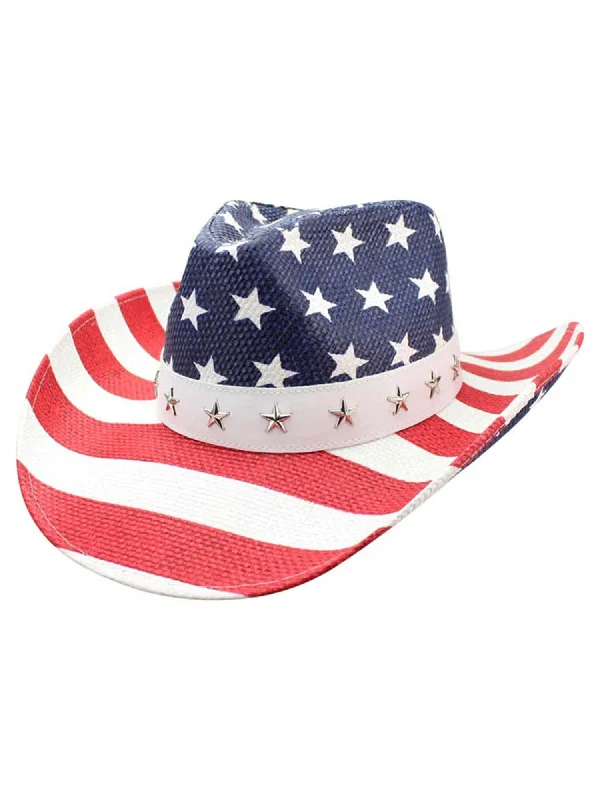 Beanies for cozy fashion moments-Red White And Blue Star Studded Straw Cowboy Hat