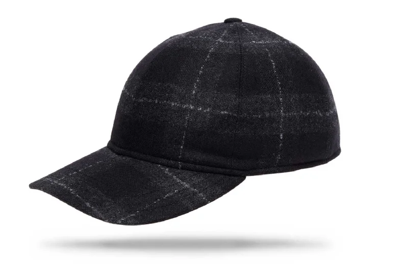 wool hats for skiing and snowboarding-  Wool Baseball Cap - Black Grey Windowpane - W