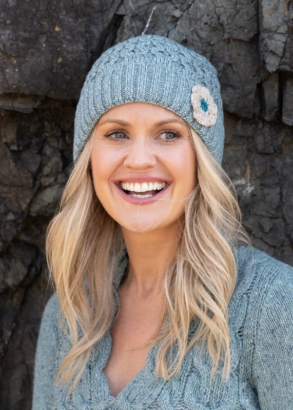 Beanies for festive winter looks-Aran Flower Hat | Aqua