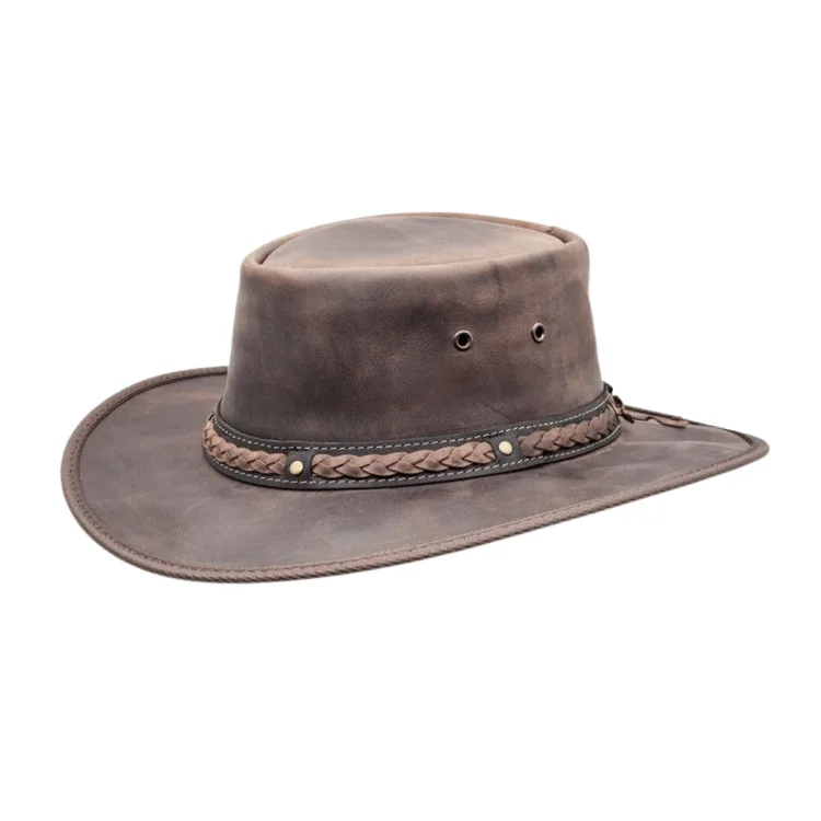 Beanies for fashionable winter wear-Barmah 1022CC Squashy Bronco Leather Hat with Cooper Hat Band - Choc