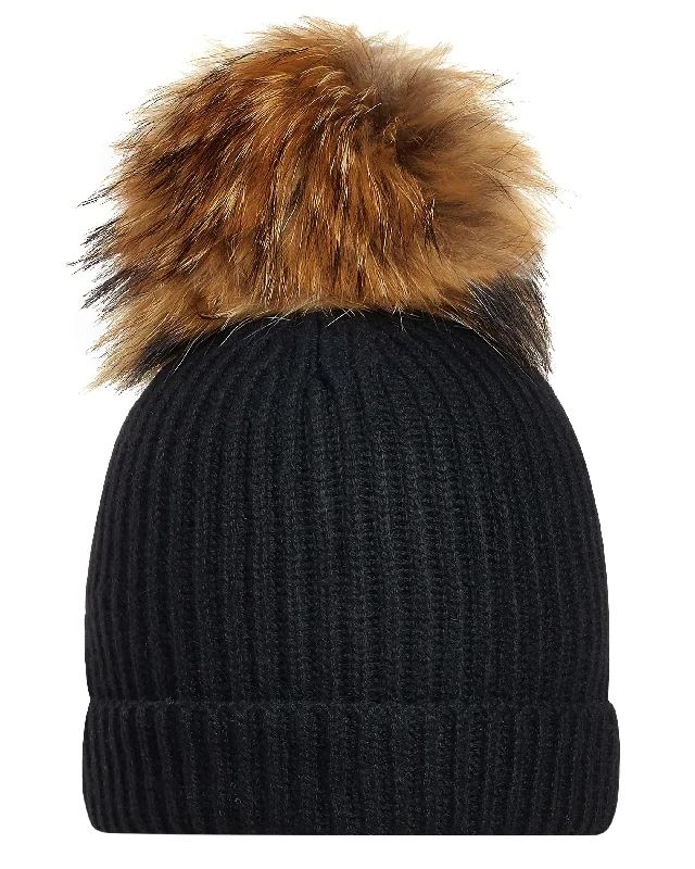 Beanies for evening outings-Unisex Ribbed Cashmere Hat With Detachable Pom Black