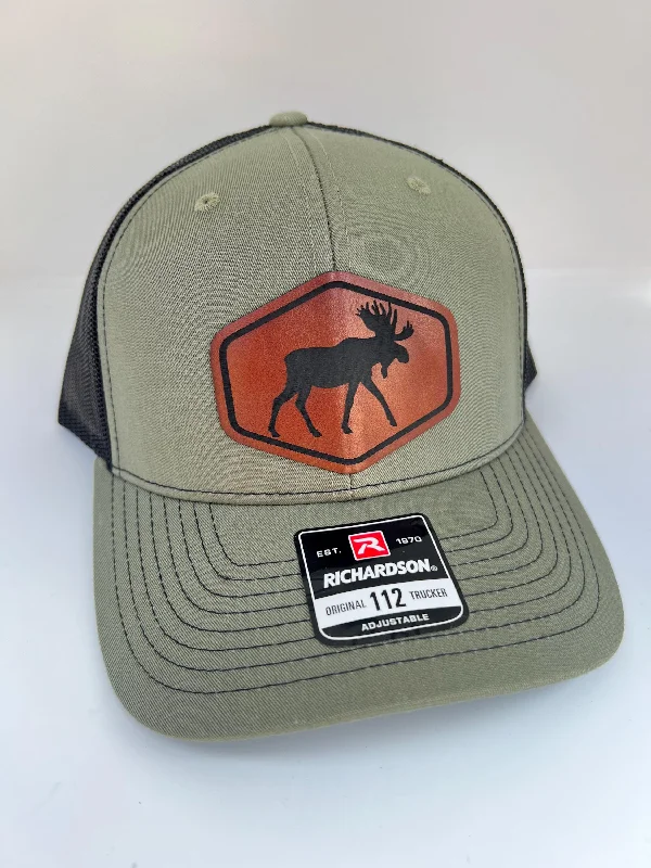 Beanies with elastic fit-Moose Silhouette | Gift for Moose Hunters & Adventurers  | Moose | Richardson 112 Leather Patch Trucker | Perfect Outdoorsman Gift Idea