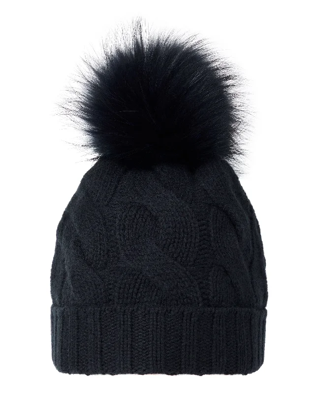 Beanies for cozy moments-Unisex Chunky Cable Cashmere Hat With Pom Navy Blue