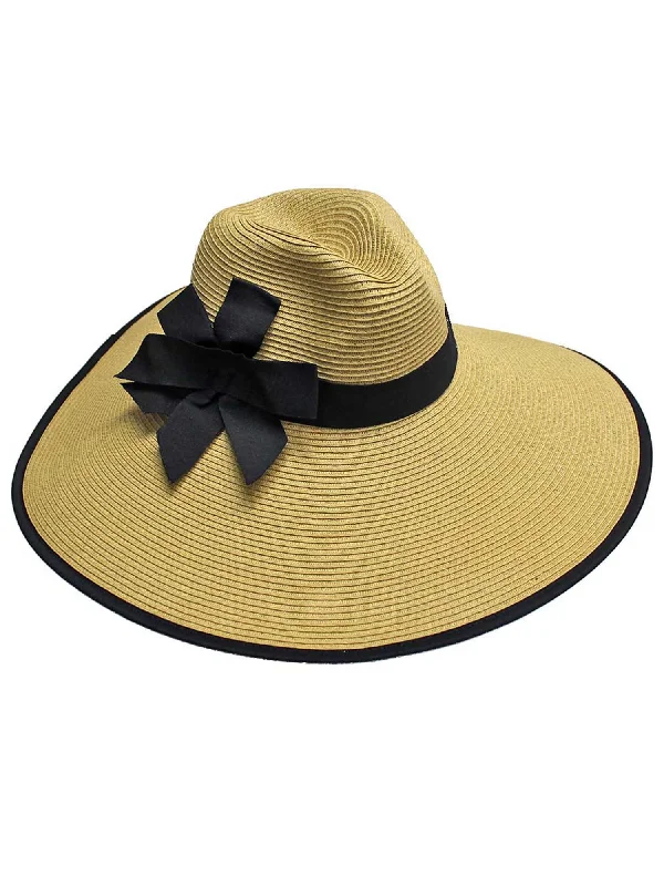 Headbands with no-show seams-Tan Wide Brim Floppy Hat With Bow