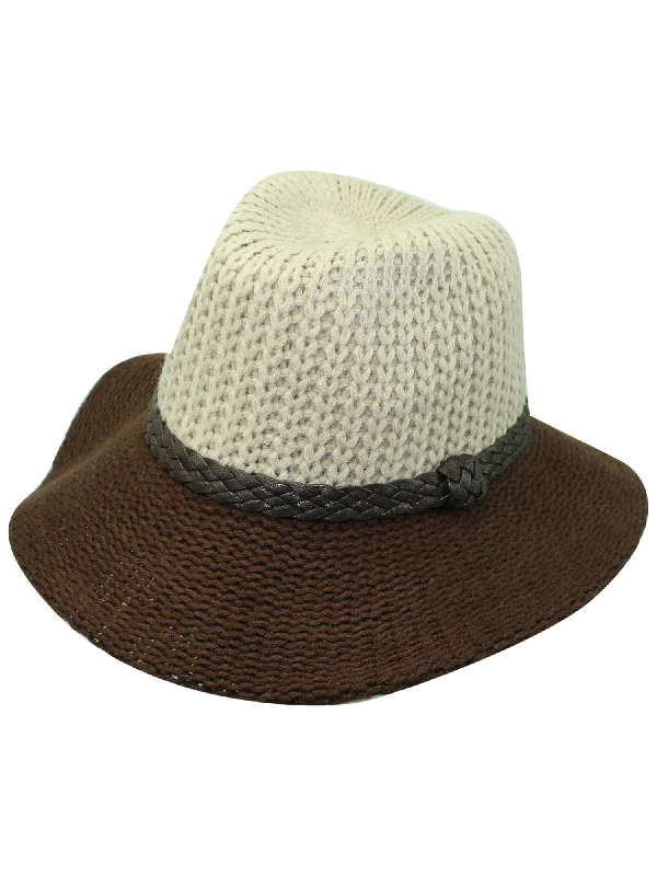 Beanies with hand-knit design-Two-Tone Beige & Brown Knit Fedora Hat