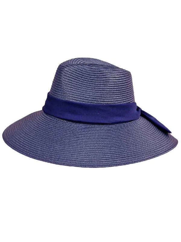 sun hat with adjustable crown and brim-Blue Wide Brim Sun Hat With Satin Bow