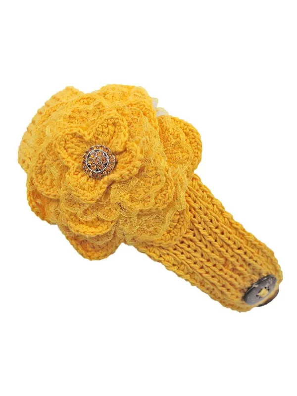 Beanies with winter-proof fabric-Yellow Knit Headband With Lacey Flower Detail