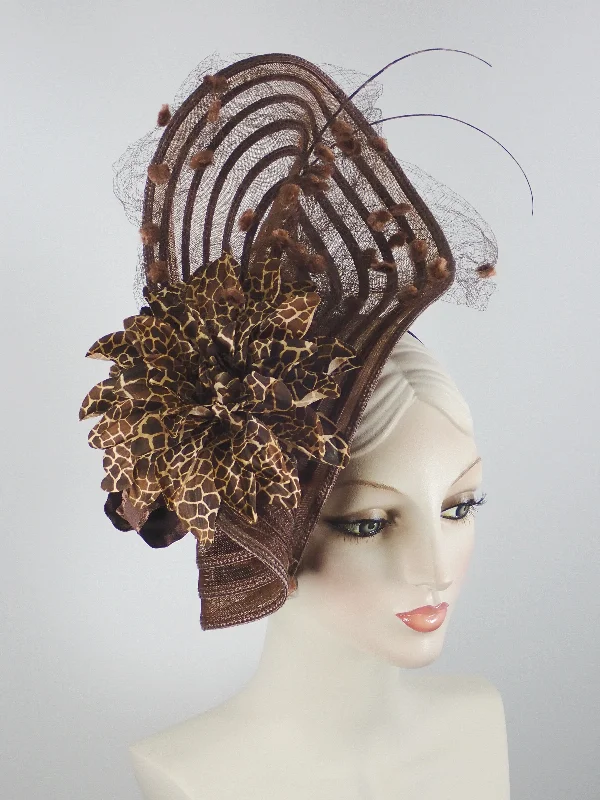 Beanies with pom poms-Kentucky Derby Brown Veil Fascinator Hat