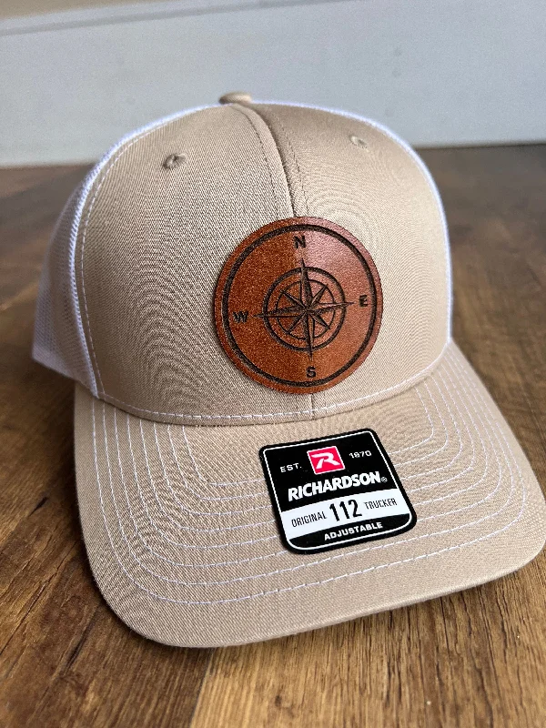 Beanies with designs-Compass Hat. Christmas gift for explorers. Artifact Collectors Richardson 112 leather patch trucker. Great Dad gift.