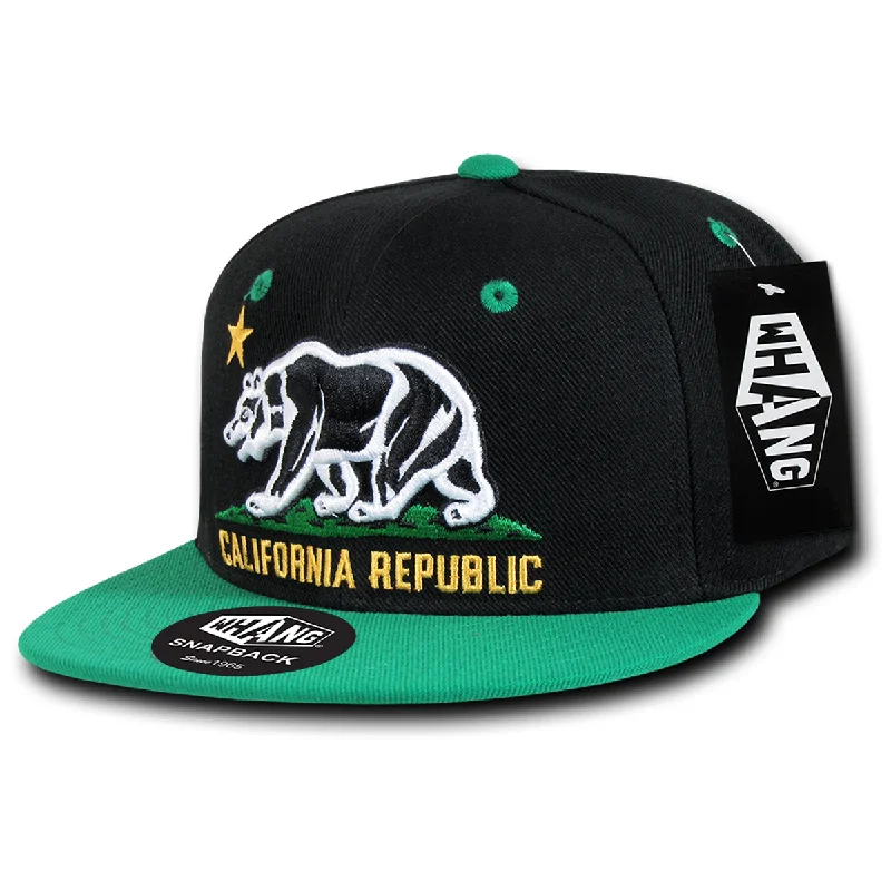 Beanies with adjustable fit-California Republic Cali State Bear Flag Snapback Hat by Whang Black Kelly Green