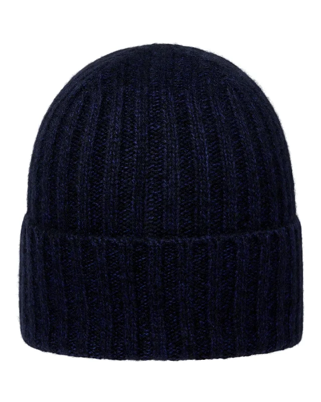 Beanies with bold colors-Unisex Chunky Ribbed Cashmere Hat Navy Blue Melange