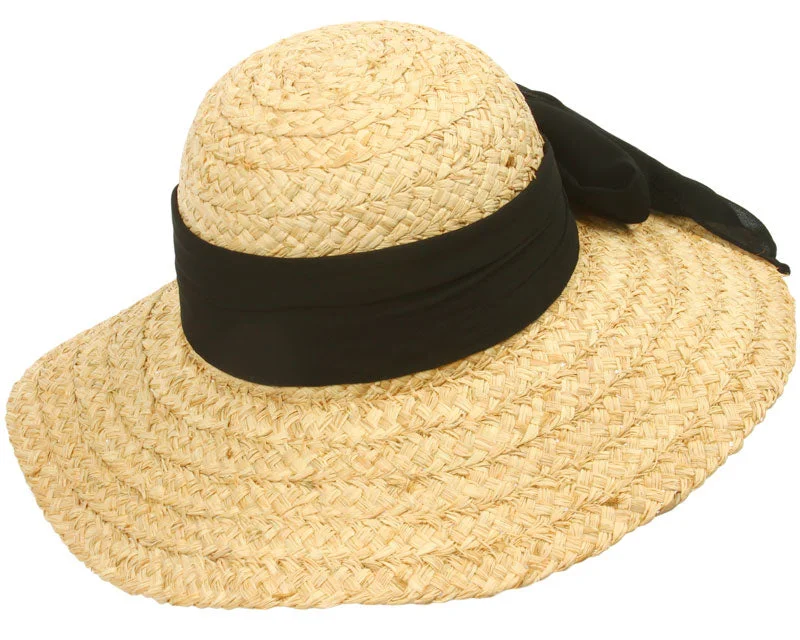 sun hat with SPF protection-Women's Raffia Sun Hat with Chiffon Bow