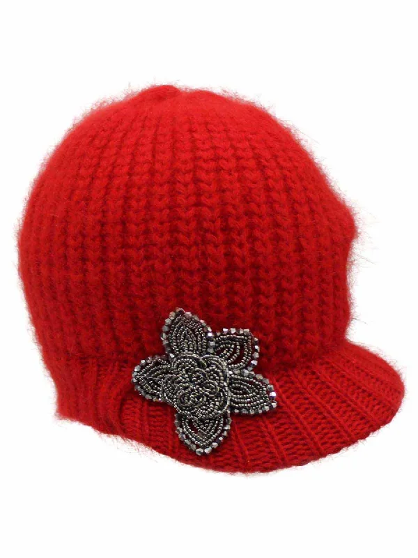 Beanies with pom-pom detail-Angora Knit Newsboy Hat With Beaded Flower