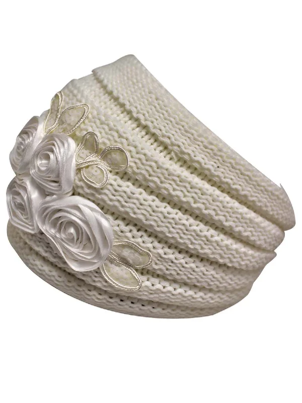 Beanies for ultimate warmth in snow-Ivory Ribbed Knit Headband With Floral Design