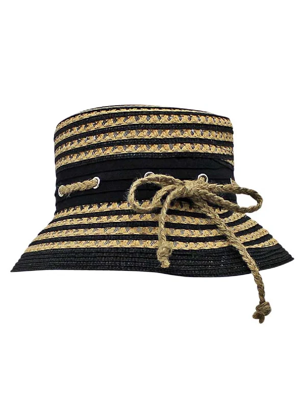 foldable sun hat for traveling-Black & Tan Straw Bucket Sun Hat With Nautical Rope Trim