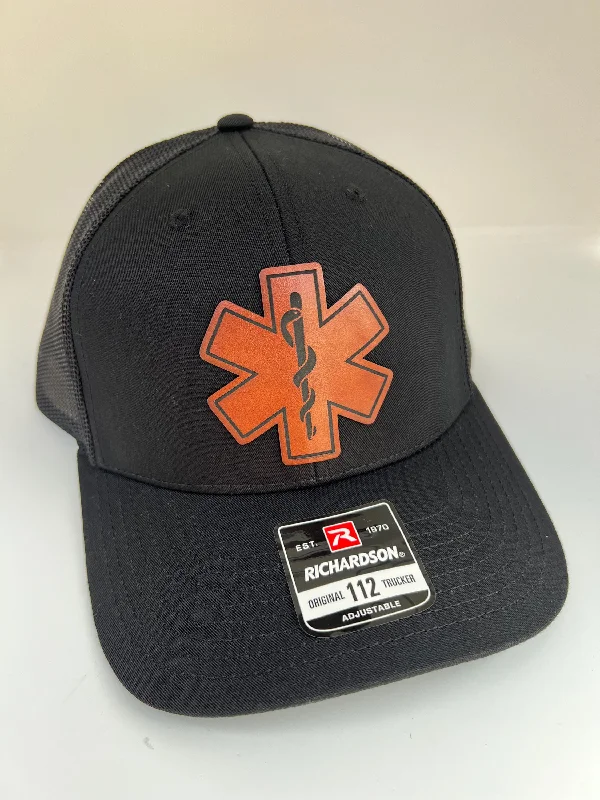 Beanies for fashionable adventurers-Christmas gift for paramedic hat, Paramedic hat for dad, EMS hat, hat for first responder, Richardson 112 Leather Patch trucker hat