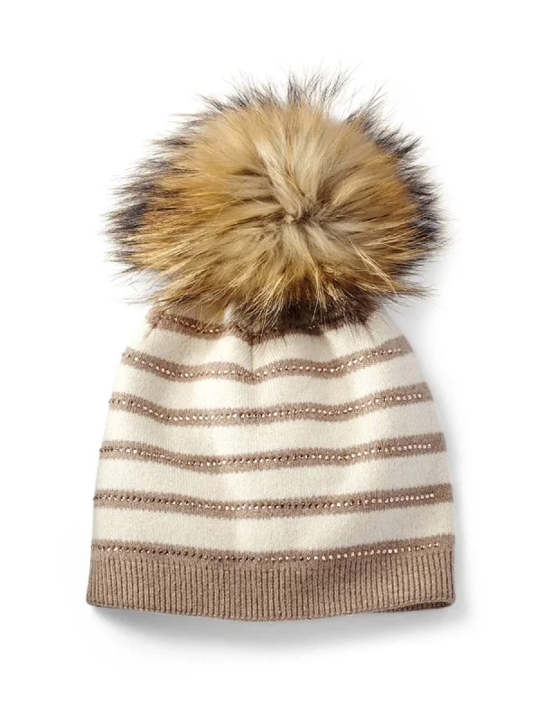 Beanies for stylish travel wear-Stripe Pom Knit Hat