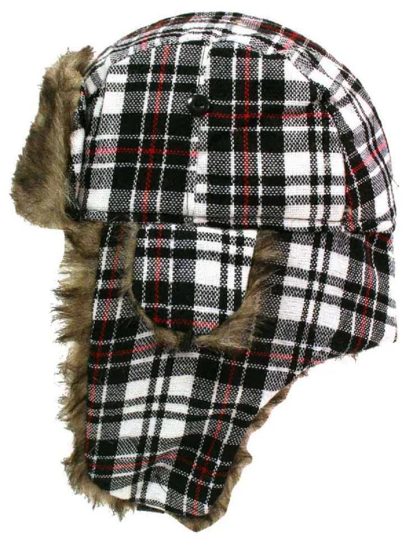 Beanies for work-Plaid Faux Fur Lined Trapper Aviator Hat