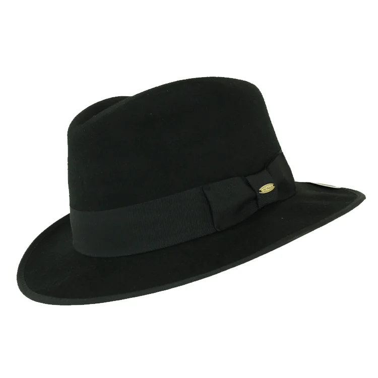 soft wool hats for women-  Scala Lygon Crushable Wool Felt Fedora - Black