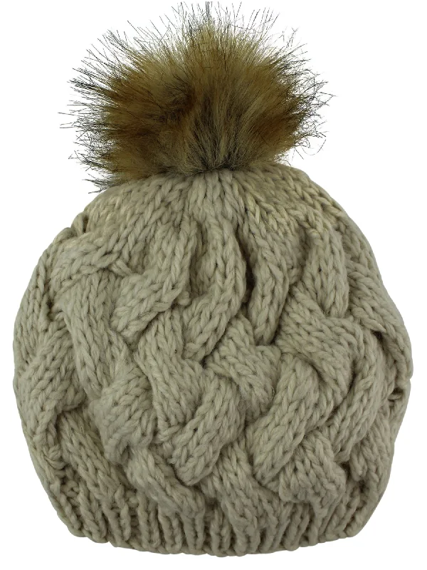 Beanies for running in the cold-Thick Knit Beret Beanie Hat With Fur Pom Pom