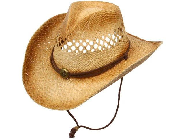 Headbands for long hair-Tea Stain Raffia Cowboy Hat with Chin Cord