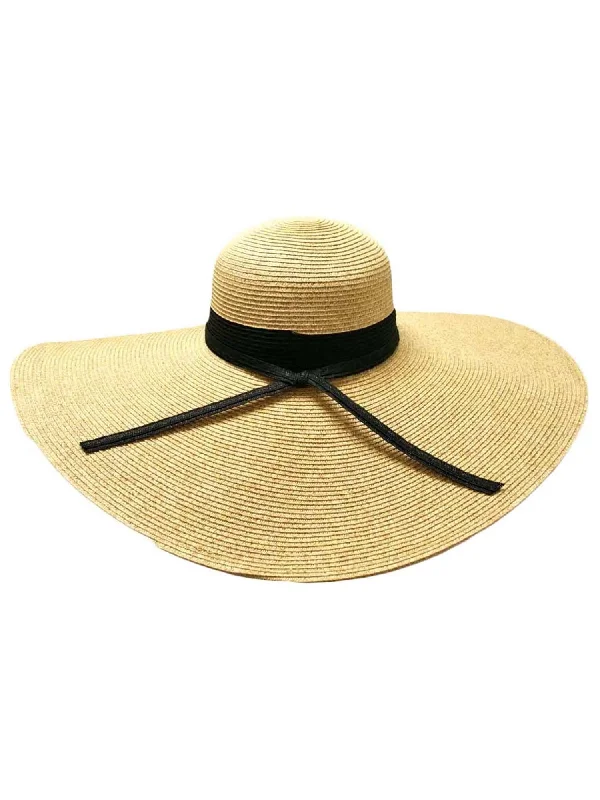 Beanies with stripes-Natural Wide Brim Floppy Hat With Black Ribbon Hat Band