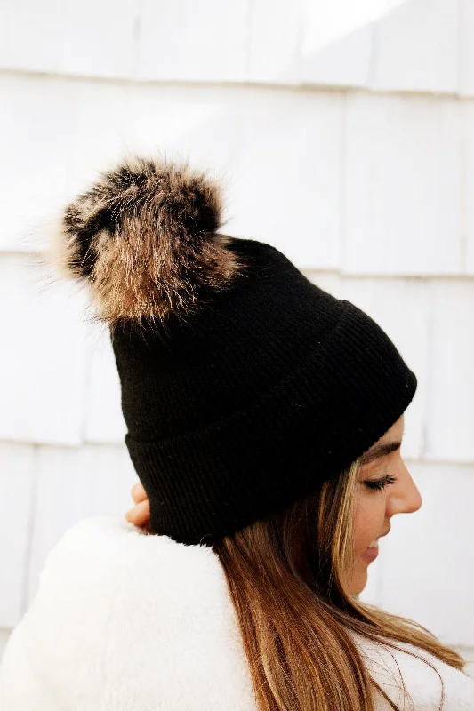 Beanies with seamless design-Ronnie Pom Pom Beanie in Black