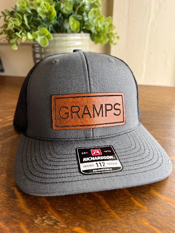 Beanies for city winter looks-Gramps Christmas Hat for Dad. Richardson 112 leather patch trucker hat for Dad. Gift for Pop. Christmas Gift for dad. Dad Hat gift.