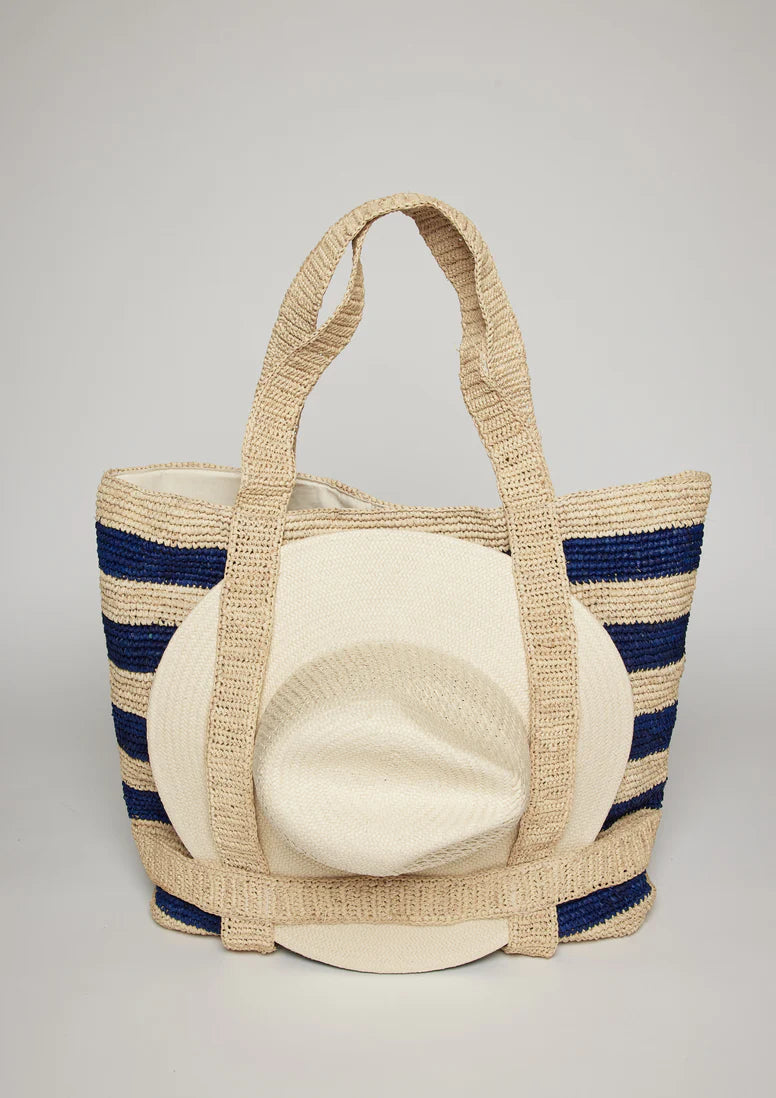 Headbands for short hair-Hat Attack The Original Straw Traveler Bag - Natural/Navy Stripe