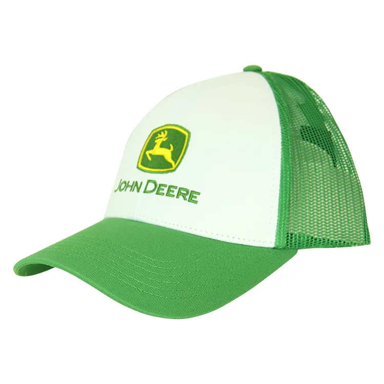 Beanies for sports teams-John Deere 6 Panel Mesh Cap - White/Green