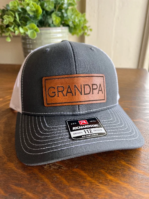 Beanies for stylish work-from-home outfits-Grandpa Christmas Hat for Dad Richardson 112 leather patch trucker hat for Dad Gift for Pop Christmas Gift for Grandad. Dad Hat gift.