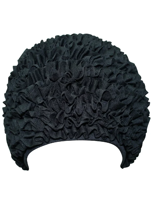 Beanies for all-day comfort-Black Ruffled Fabric Latex Lined Swim Cap