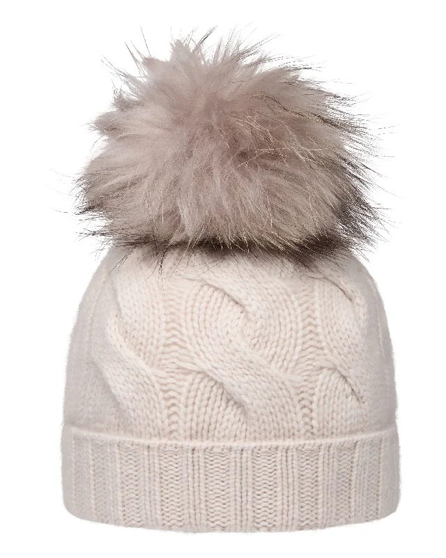 Beanies with a variety of designs-Unisex Chunky Cable Cashmere Hat With Pom Frost White