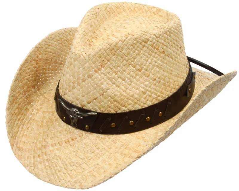 Headbands with metallic finishes-Raffia Longhhorn Cowboy Hat