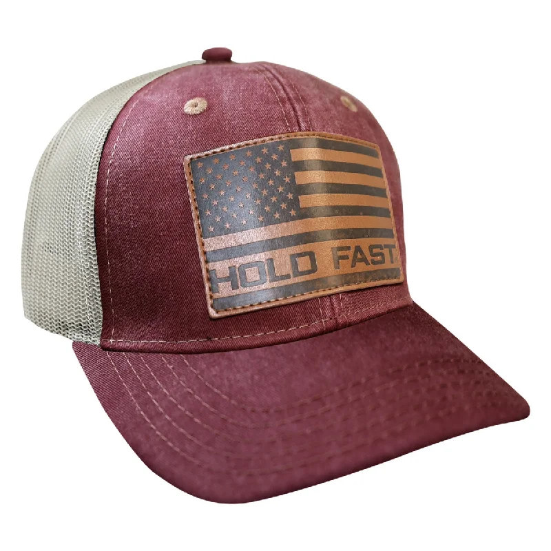 Headbands with beads-HOLD FAST Mens Cap Flag Burgundy Leather