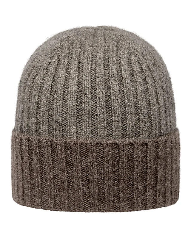 Beanies with sporty accents-Unisex Chunky Rib Contrast Cashmere Hat Wood Smoke Brown