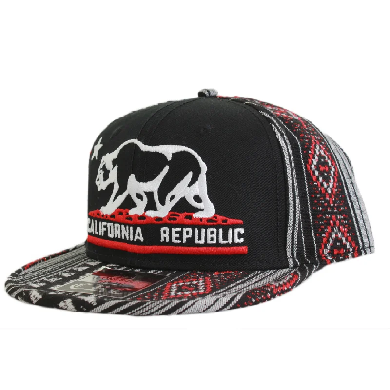 Headbands for sweat control-California Republic Embroidered Bear Flag Flat Bill Snapback Hat - Aztec Tribal Pattern