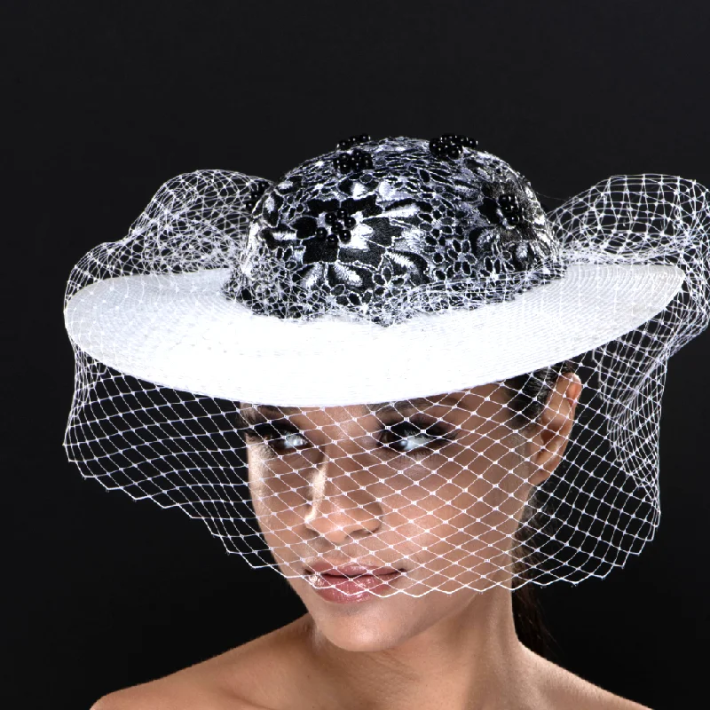 Headbands for fashionable athletes-BW6513-Ladies straw hat covered with beaded lace.