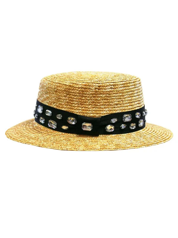 sun hat with adjustable brim-Straw Sun Hat With Black Rhinestone Band