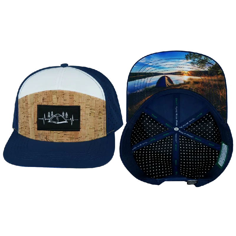 Headbands with floral prints-Camping Hat | Flat Bill | Cork - Navy - White