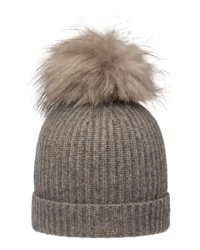 Beanies for protection from cold weather-Unisex Ribbed Cashmere Hat With Detachable Pom Wood Smoke Brown