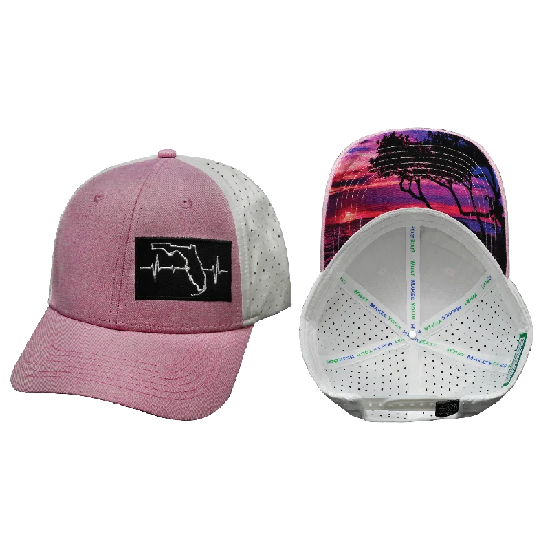 Beanies for outdoor adventures-Florida Hat | Low Profile | Ponytail | Pink - White