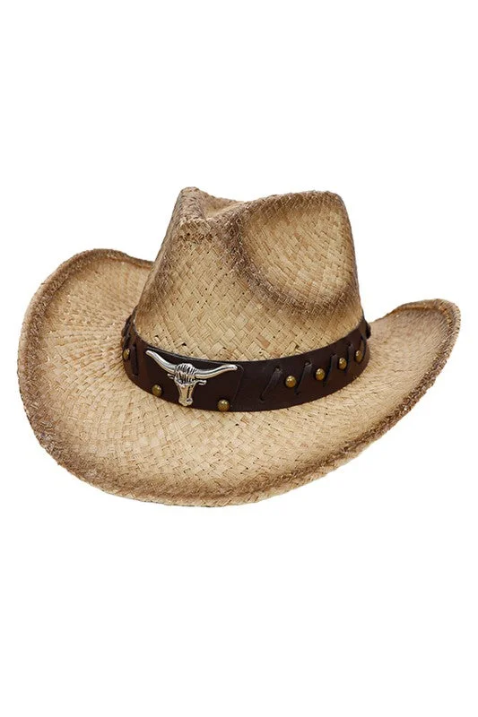 Headbands with adjustable bands-Bull Cowboy Straw Hat- Tan