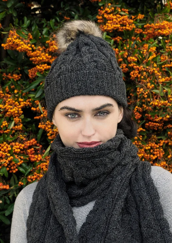 Beanies with cable knit-Aran Cable Knit Pom Pom Hat | Charcoal