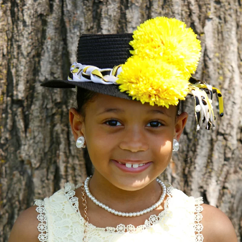 Beanies for outdoor adventures-KH4443-Kids hat with yellow flower/satin trims and rhinestones