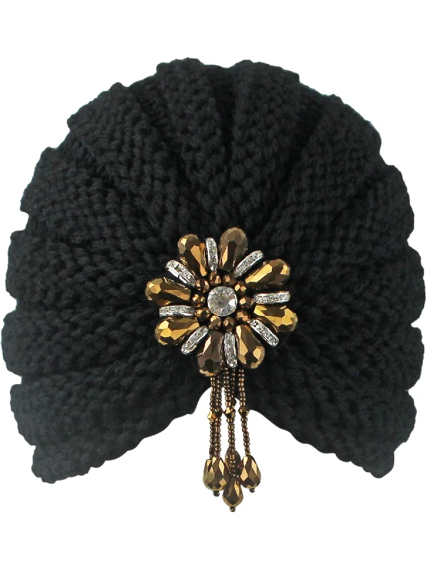 Headbands for daily wear-Winter Knit Beaded Dangle Turban Head Wrap